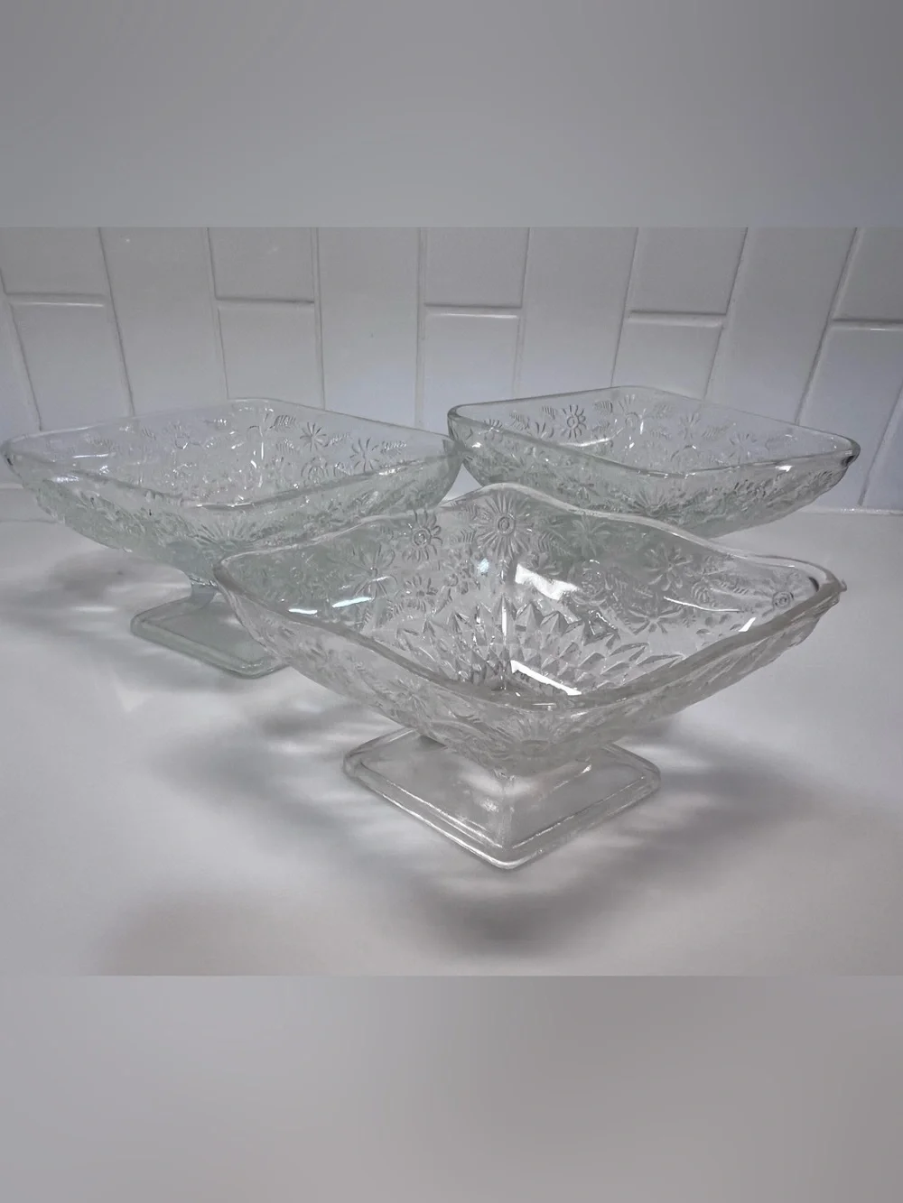 Vintage Indiana Glass Pineapple Floral Diamond Shape Footed Dish Compote Set 3
